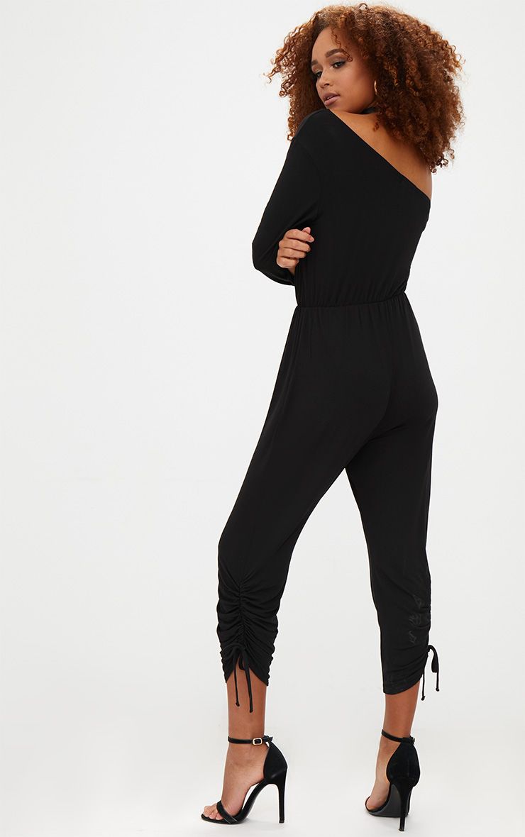 Black Jersey Ruched Leg Jumpsuit PrettyLittleThing