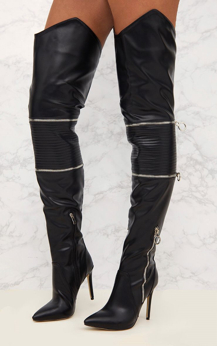 Black Thigh High Heeled Biker Boots Shoes PrettyLittleThing