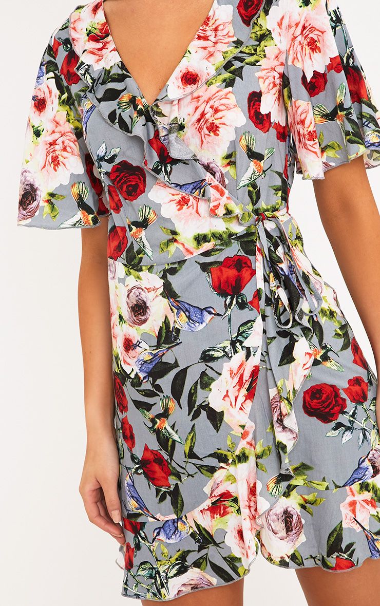 Ammie Grey Floral Wrap Dress Dresses PrettyLittleThing AUS