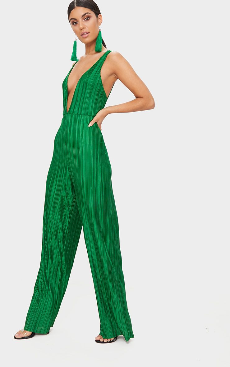 green plisse plunge strappy jumpsuit