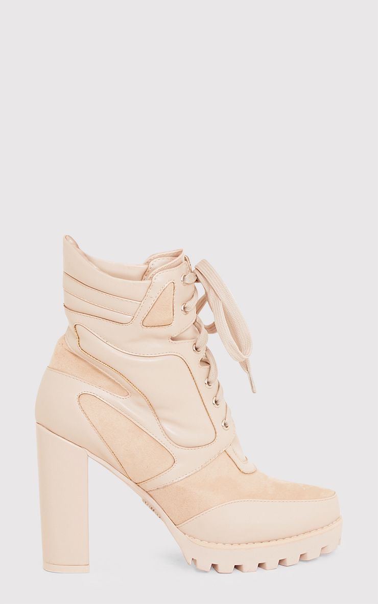 Melora Beige Heeled Biker Boots Shoes PrettyLittleThing