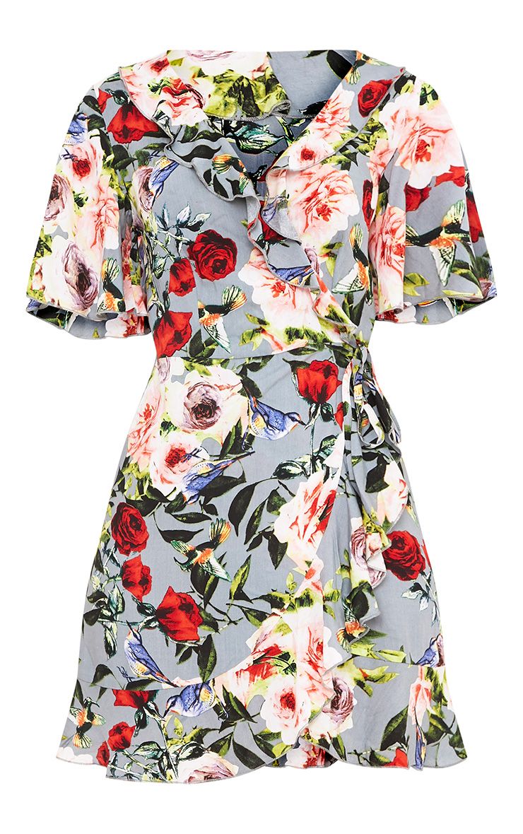 Ammie Grey Floral Wrap Dress Dresses PrettyLittleThing AUS