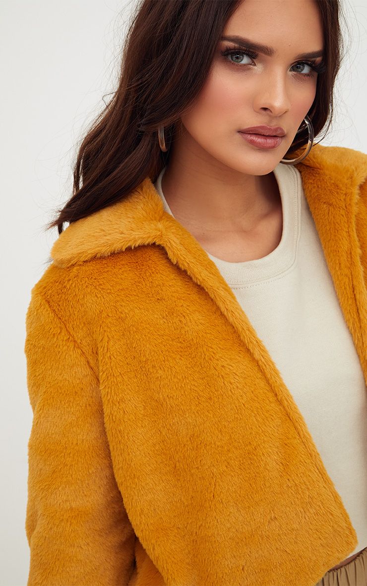 Mustard Cropped Faux Fur Coat PrettyLittleThing AUS