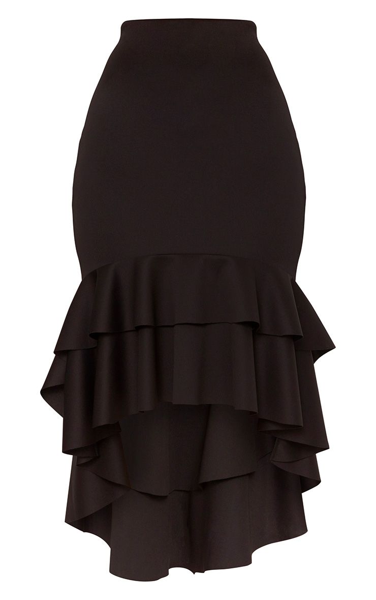 Black Hi Lo Frill Hem Midi Skirt. Skirts PrettyLittleThing
