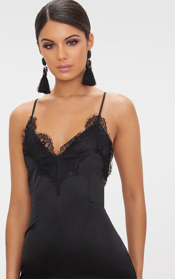 black lace trim satin bodycon dress