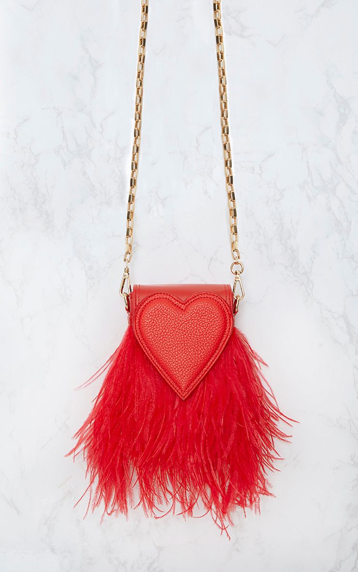 Red Feather Trim Heart Bag Accessories PrettyLittleThing USA