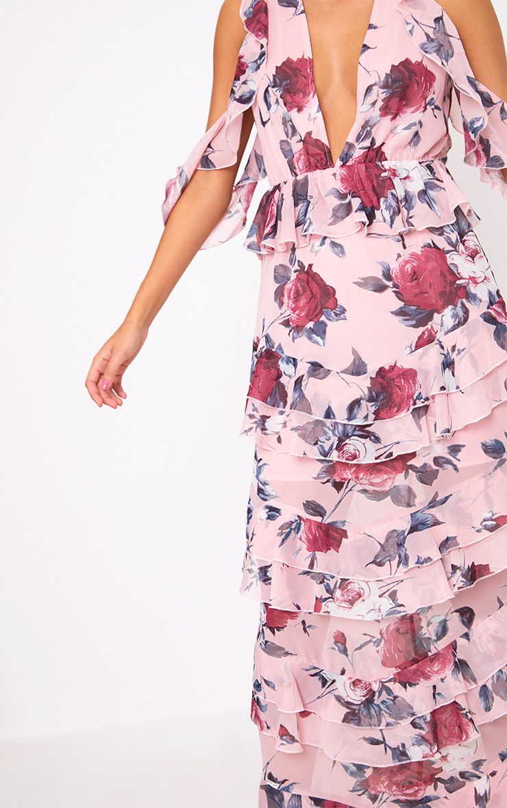 Pink Floral Cold Shoulder Frill Maxi Dress. Dresses PrettyLittleThing