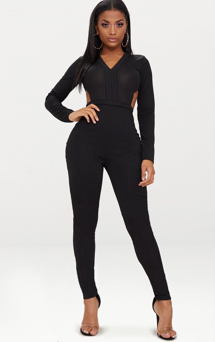 Shape Black Ribbed Open Back Jumpsuit Curve PrettyLittleThing