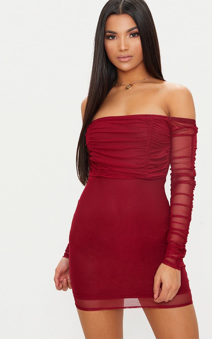 stone ruched mesh bardot bodycon dress