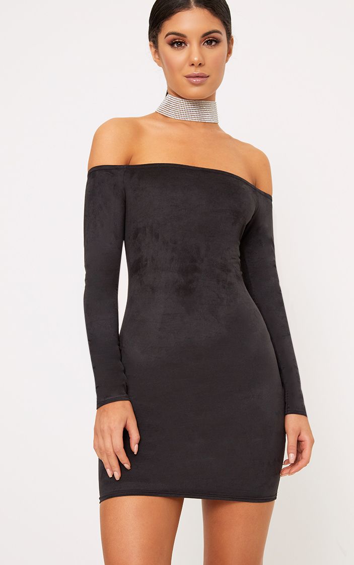 Wedding Black Long Sleeve Dress long sleeve dresses sleeved dress prettylittlething violla black suede bardot bodycon dress