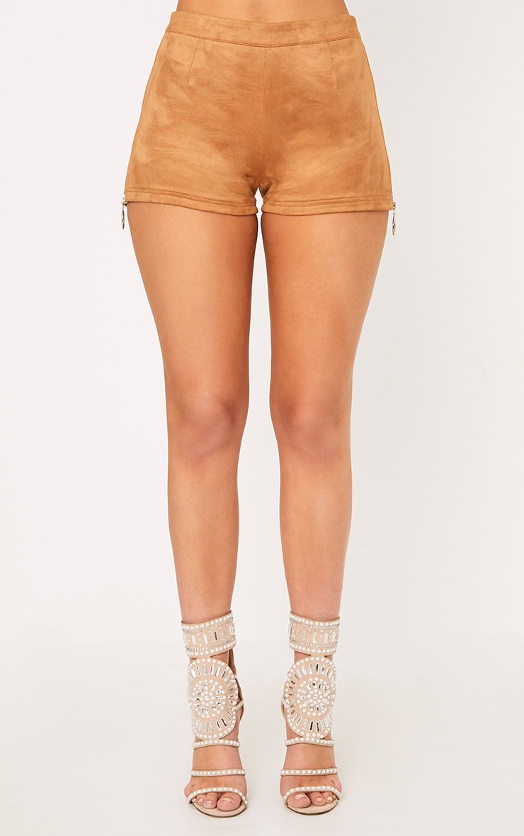 Camel Faux Suede Ring Zip Shorts. Shorts PrettyLittleThing