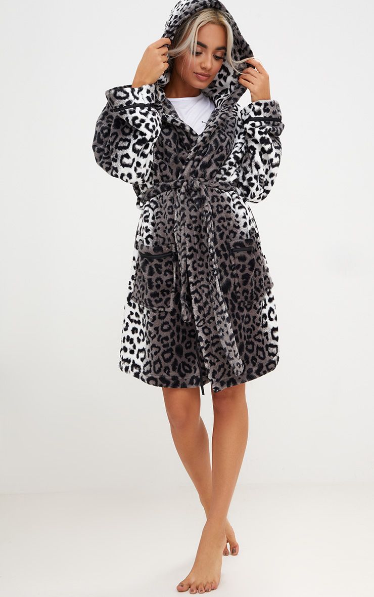 Grey Leopard Print Fluffy Dressing Gown  PrettyLittleThing