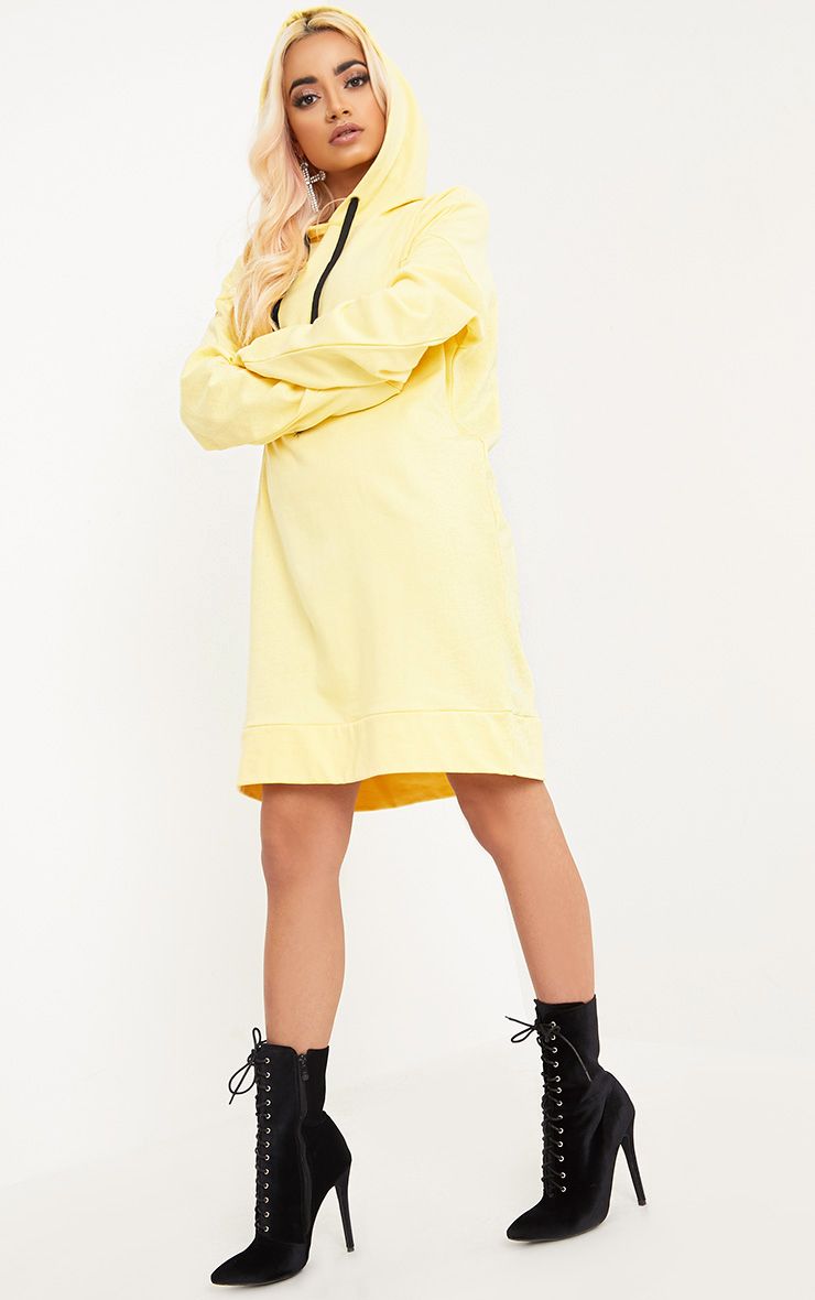 Anuliar Yellow Hooded Jumper Dress with Contrast Ties | Tops | | PrettyLittleThing