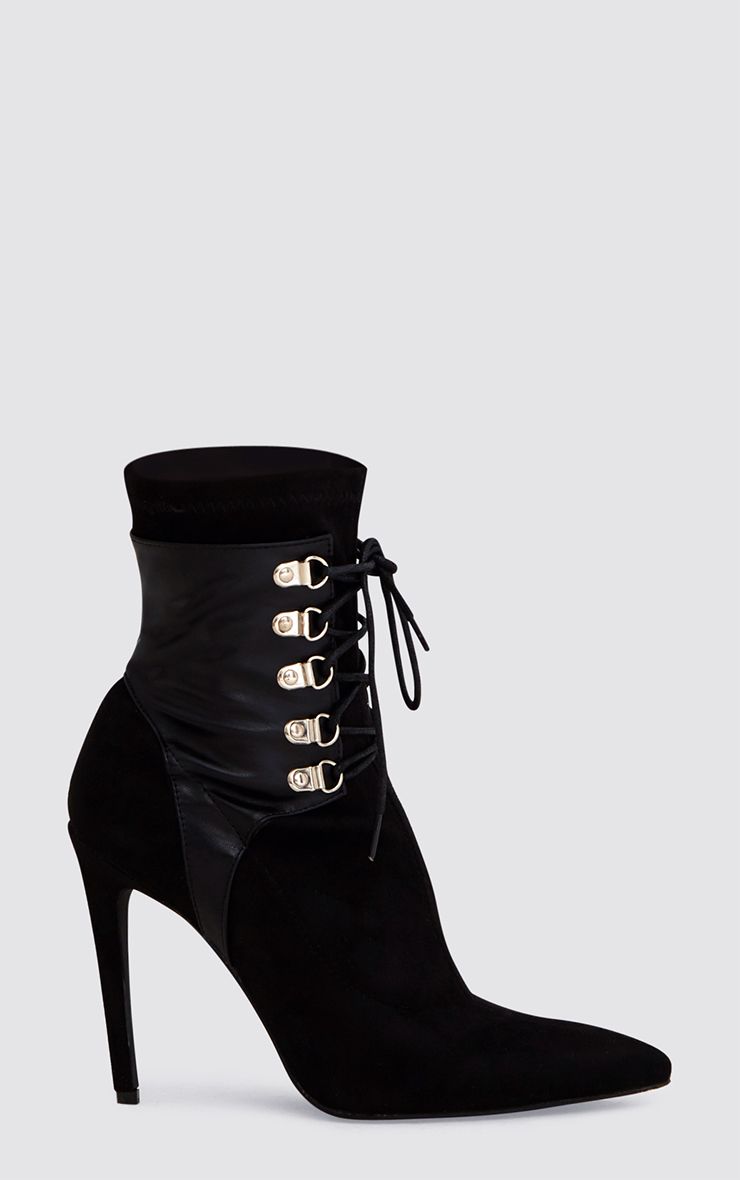 Black Faux Suede Lace Up Stiletto Ankle Sock Boots. Shoes