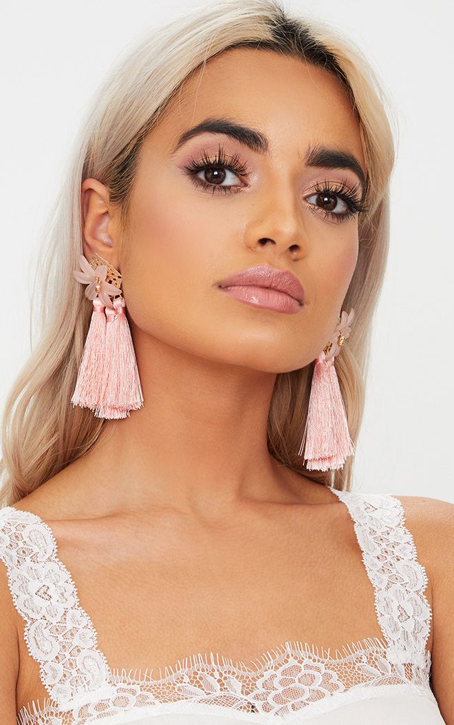 baby pink floral tassel earrings