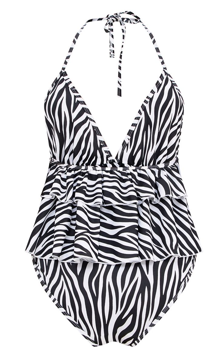 Zebra Print Frill Layer Swimsuit. Swimsuit PrettyLittleThing