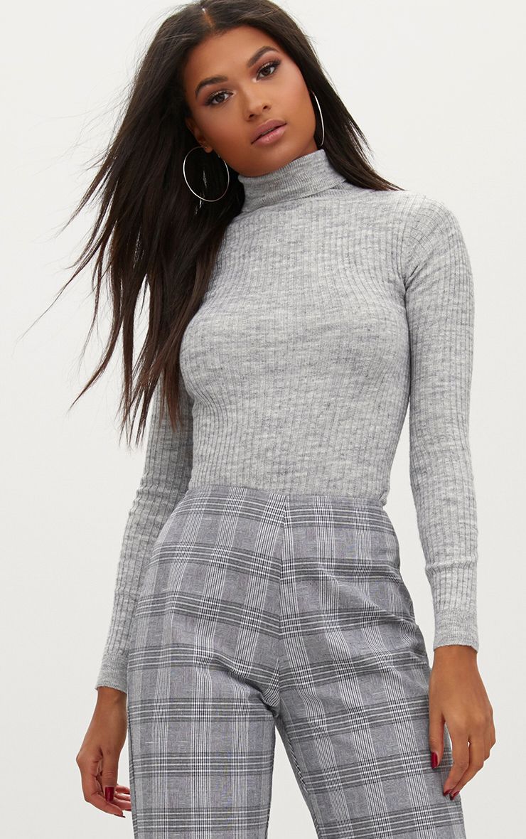 Grey Fine Knit Rib Roll Neck Jumper | PrettyLittleThing