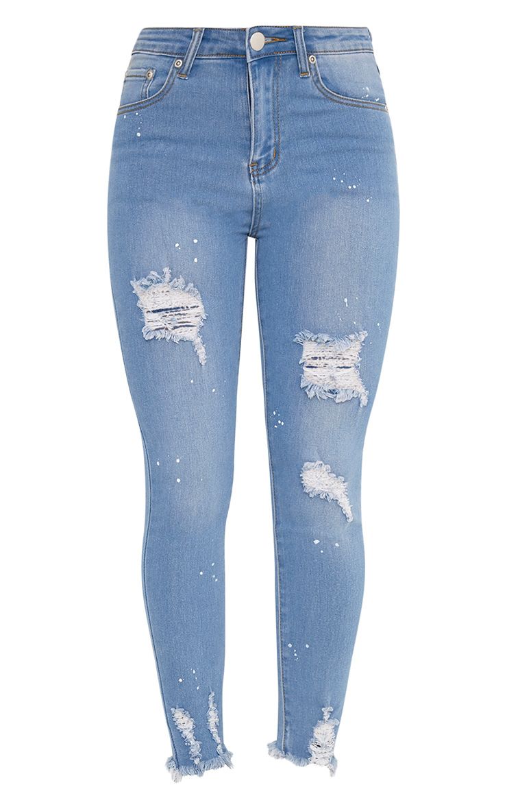 Light Wash Bleach Splatter Distress High Waisted Skinny Jean Denim